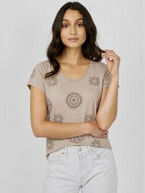 Lucky Brand Taupe Embroidered Short Sleeve Tee